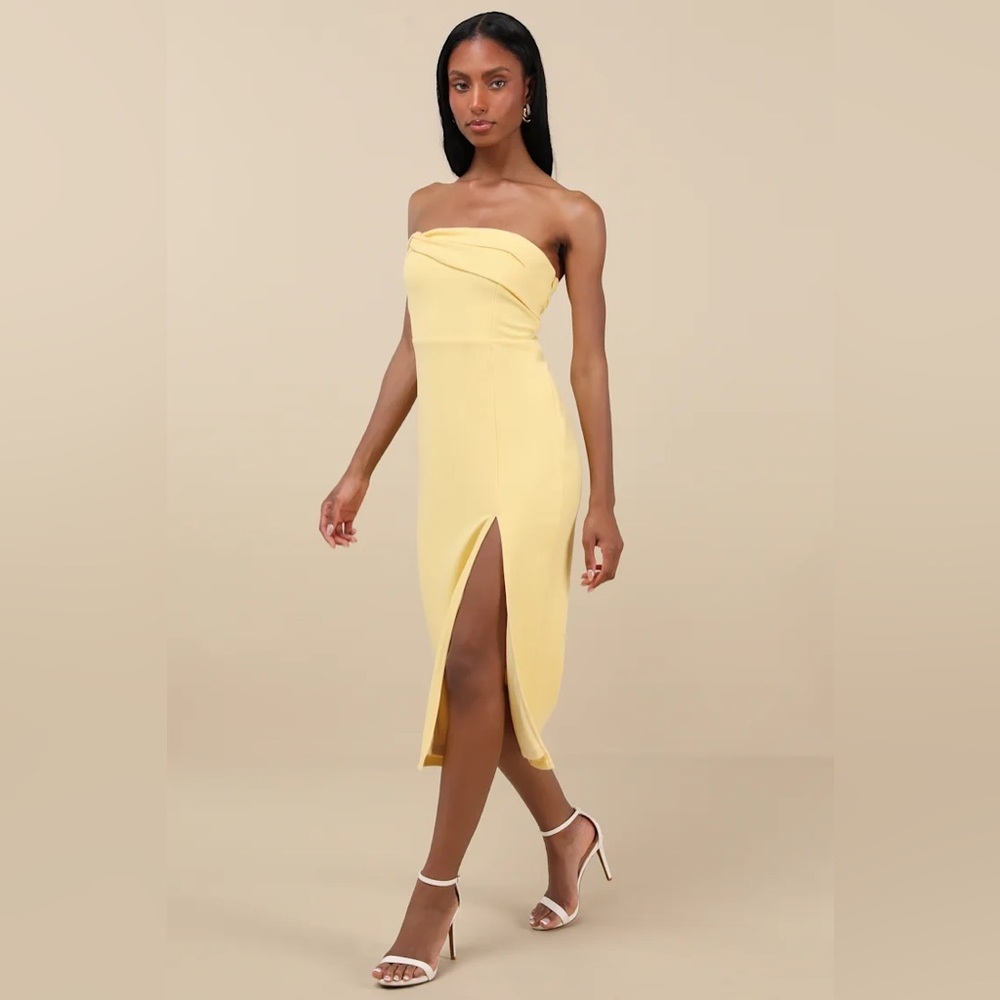 Lulus Twist and Make Up Light Yellow One-Shoulder Bodycon Midi Dress - Picture 2 of 8